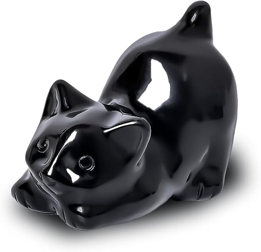 WHAL&YUNE Black Obsidian Cat 1PC, Crystal Cat Figurine, Natural Gemstone Lying Cat Ornament Hand Carved Cat Statue Cat for Cat Lovers, Gift 1.5"