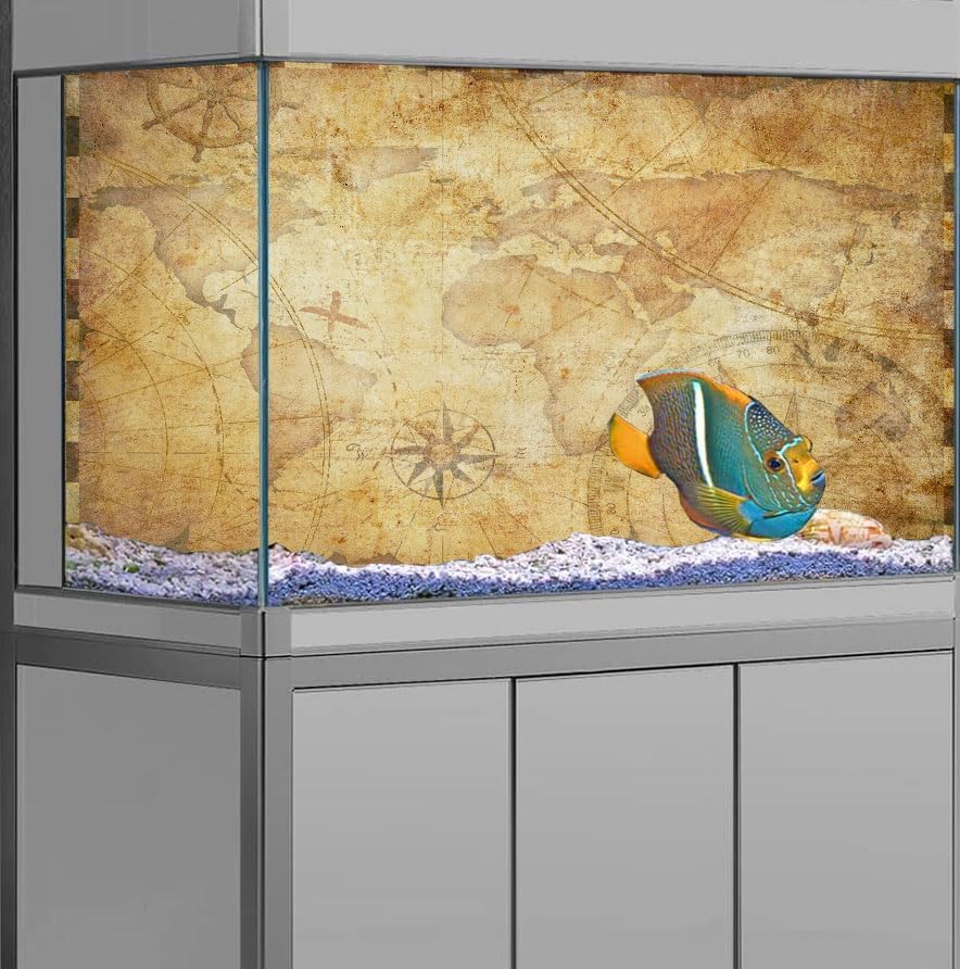 72X18IN Retro Old Travel World Map Terrarium Background, Art Parchment Pirate Treasure Map Reptile Habitat Background with 10EVA Double-Sided Tape