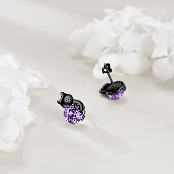 Sterling Silver Birthstone Black Cat Stud Earrings - Cat Birthstone Earrings for Women's Birthday Gift