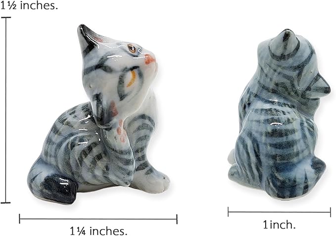 WitnyStore Tiny 1½" Gray White Tabby Shorthair Cat Scratching Ear Figurine - Miniature Hand Made Painted Ceramic Cats Kitten Feline Animal Cute Porcelain Decorative Collectible Figurines Décor Gifts