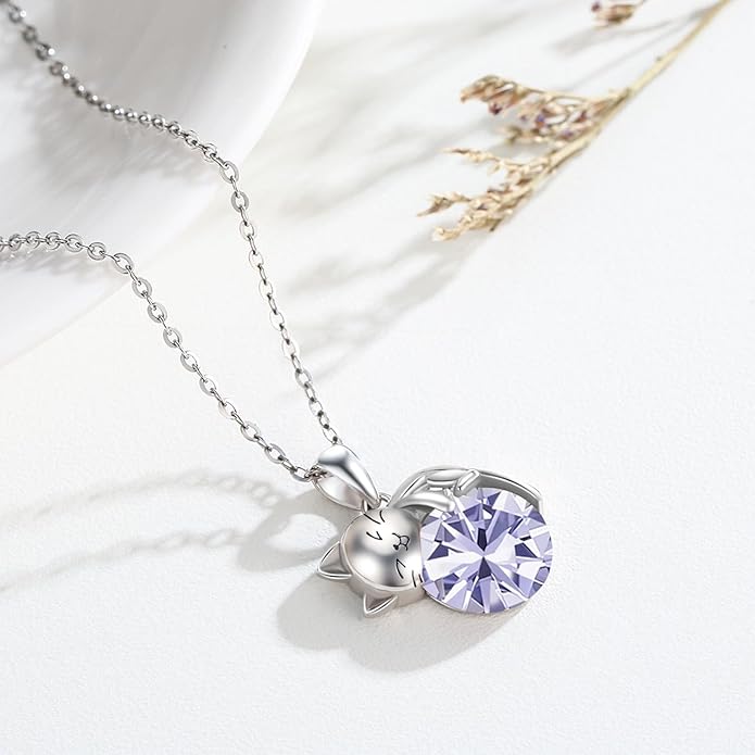 LONAGO Cat Necklace with Birthstone 925 Sterling Silver Cat Pendant Necklace Gift for Women
