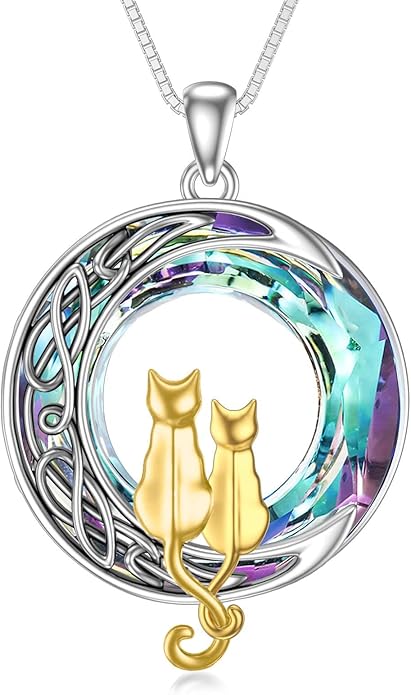 TOUPOP Cat Gifts for Cat Lovers 1 2 3 Cats Necklace Sterling Silver Cat on the Moon Pendant Necklace with Blue Circle Crystal Birthday Christmas Celtic Jewelry Gifts for Women