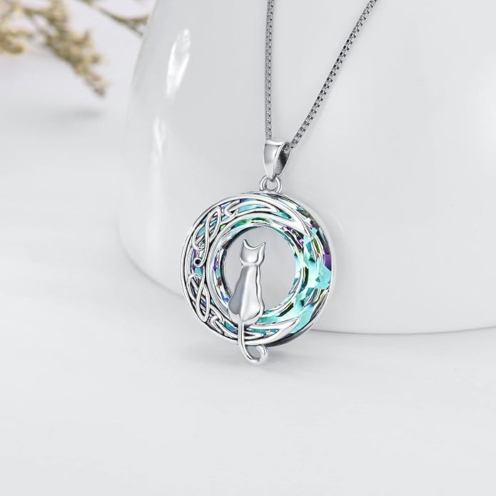 TOUPOP Cat Gifts for Cat Lovers 1 2 3 Cats Necklace Sterling Silver Cat on the Moon Pendant Necklace with Blue Circle Crystal Birthday Christmas Celtic Jewelry Gifts for Women