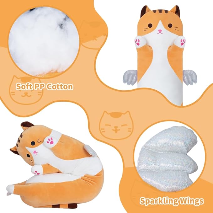 Long Plush Cat Pillow, Cute Plush Cat Toy Doll, Stuffed Animal Cat, Hugging Pillow for Sleeping, Gift for Kids and Girls (Yellow, 70cm/27.5in)