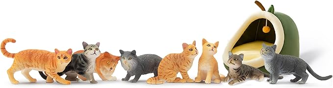Toymany 8PCS Grey & Orange Cat Figurines Set, Realistic Cat Figures Kitten Toys, Cat Cake Toppers Easter Eggs Birthday Gift for Kids Children