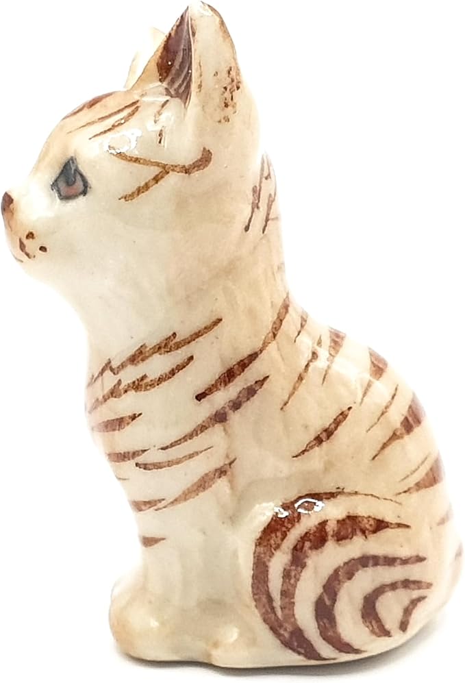 WitnyStore Tiny 1⅛" Brown Tabby Shorthair Cat Sitting Tilt Head Figurine - Miniature Hand Made Painted Ceramic Cats Kitten Feline Animal Cute Porcelain Decorative Collectible Figurines Décor Gifts