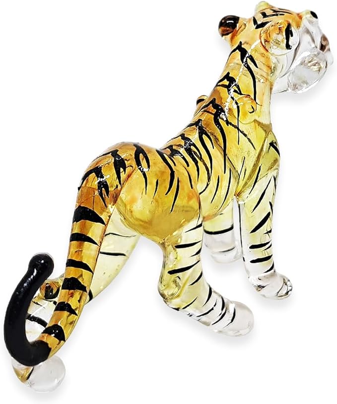 WitnyStore Tiny 2½" Long Yellow Black Standing Tiger Roaring Figurine - Miniature Hand Blown Painted Glass Panthera Wild Cat Small Crystal Wildlife Animals Decorative Collectible Figurines Décor Gifts