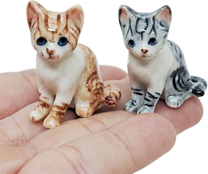 WitnyStore Tiny 1¼" White Gray Tabby Shorthair Cat Sitting Look Left Figurine - Miniature Hand Made Painted Ceramic Cats Kitten Feline Animal Cute Porcelain Decorative Collectible Figures Décor Gifts