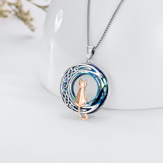 TOUPOP Cat Gifts for Cat Lovers 1 2 3 Cats Necklace Sterling Silver Cat on the Moon Pendant Necklace with Blue Circle Crystal Birthday Christmas Celtic Jewelry Gifts for Women