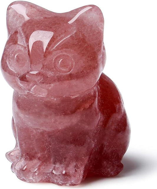 DUQGUHO Cat Decor Strawberry Quartz Cat Crystal Figurines Crystals Gifts for Cat Lovers Men Women Lucky Cute Cat Statue for Room Desk Decor 1PC