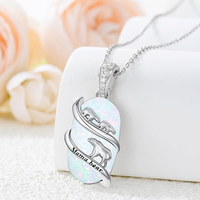 Opal Mama Bear/Panda/Cat/Koala/Sloth/Cardinal/Unicorn Necklace 925 Sterling Silver Opal Animal Pendant Jewelry Birthday Gifts Women Her Mom