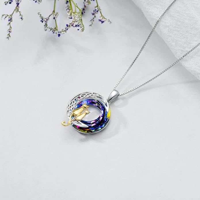 TOUPOP Cat Gifts for Cat Lovers 1 2 3 Cats Necklace Sterling Silver Cat on the Moon Pendant Necklace with Blue Circle Crystal Birthday Christmas Celtic Jewelry Gifts for Women