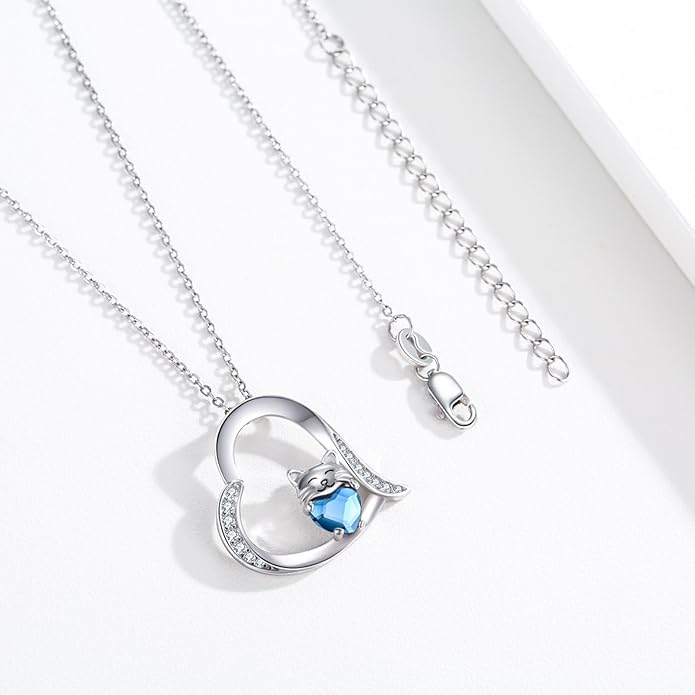 JUSTKIDSTOY Sterling Silver Cute Animal Pendant Necklace with Crystal Cat Pendant - Women's Cat Lovers Jewelry Gift