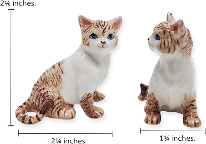 WitnyStore Tiny 2¼" Brown White Tabby Shorthair Cat Sitting Look Right Figurine - Miniature Hand Made Painted Ceramic Cats Kitten Feline Animal Cute Porcelain Decorative Collectible Figure Décor Gifts
