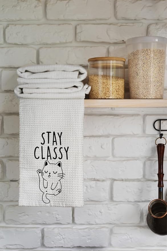 Funny Kitchen Towels, Cute Kitchen Dish Towel, Stay Classy, Dish Towels Gifts for Cat Lovers, Hand Towels for Bathroom, 16 x 24 inches