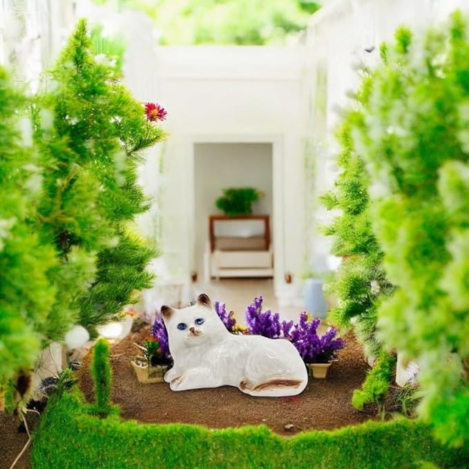 WitnyStore Tiny 1¾" Long White Brown Pointed Shorthair Cat Crouching Figurine - Miniature Hand Made Painted Ceramic Cats Kitten Feline Animal Cute Porcelain Decorative Collectible Figures Décor Gifts