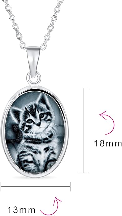 Personalized Custom Engraved Holds Picture Vintage Antique Style Simulated Black White Onyx Sitting Kitten Oval Cat Cameo Photo Locket Pendant Necklace For Women Teen .925 Sterling Silver