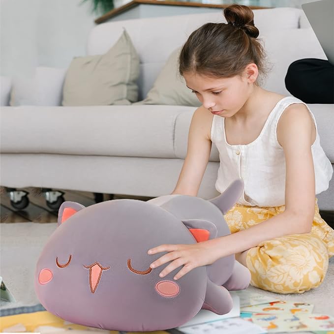 FUYU Cat Stuffed Animals, Soft Cat Plush Pillow Kawaii Kitten Stuffed Animal Toy Gifts for Kids Boys Girls Room Decor (Gray Squinted,27in/67cm)