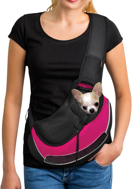 YUDODO Pet Sling Carrier for Small Dogs & Cats – Hands-Free Puppy Carrier with Safety Hook, Large Zipper Pocket, Soft Breathable Mesh, Adjustable Strap & Reflective Strip (Pink 3.0 M)