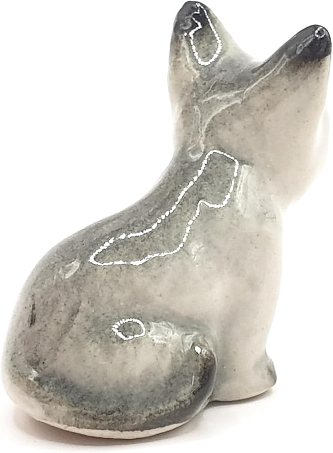 WitnyStore Tiny 1" Long Grey White Pointed Shorthair Cat Sitting Figurine - Miniature Hand Made Painted Ceramic Cats Kitten Feline Animal Cute Porcelain Decorative Collectible Figurines Décor Gifts