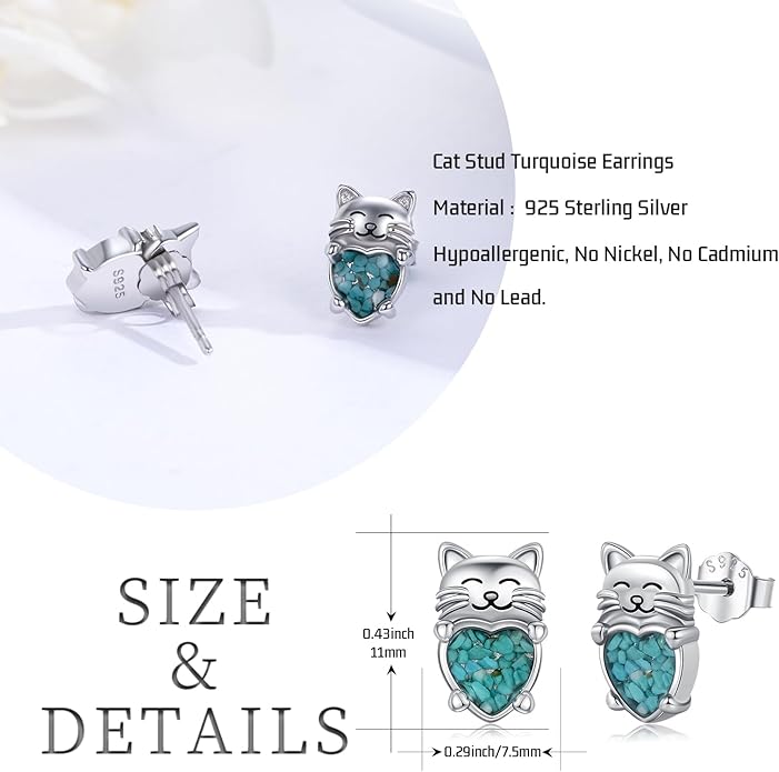 925 Sterling Silver Cat Earrings Cute Animal Kitten Stud Earrings cat Jewelry Gifts for Women Girls Hypoallergenic Earrings for Sensitive Ears