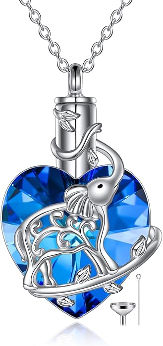 YFN Elephant Heart Crystal Urn Necklace for Ashes Cremation Jewelry Sterling Silver with Crystal Jewelry Gifts for Women