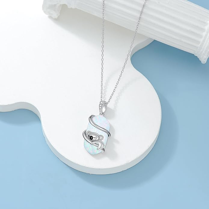 Opal Mama Bear/Panda/Cat/Koala/Sloth/Cardinal/Unicorn Necklace 925 Sterling Silver Opal Animal Pendant Jewelry Birthday Gifts Women Her Mom