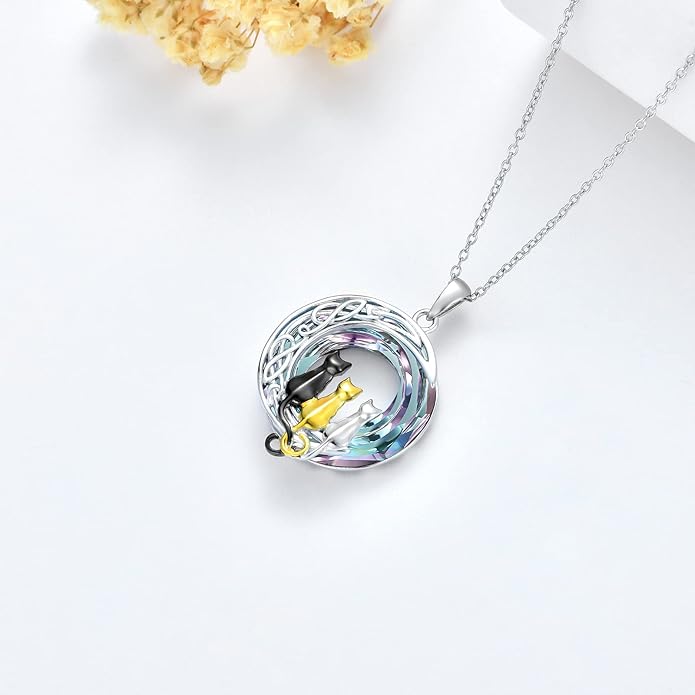 TOUPOP Cat Gifts for Cat Lovers 1 2 3 Cats Necklace Sterling Silver Cat on the Moon Pendant Necklace with Blue Circle Crystal Birthday Christmas Celtic Jewelry Gifts for Women