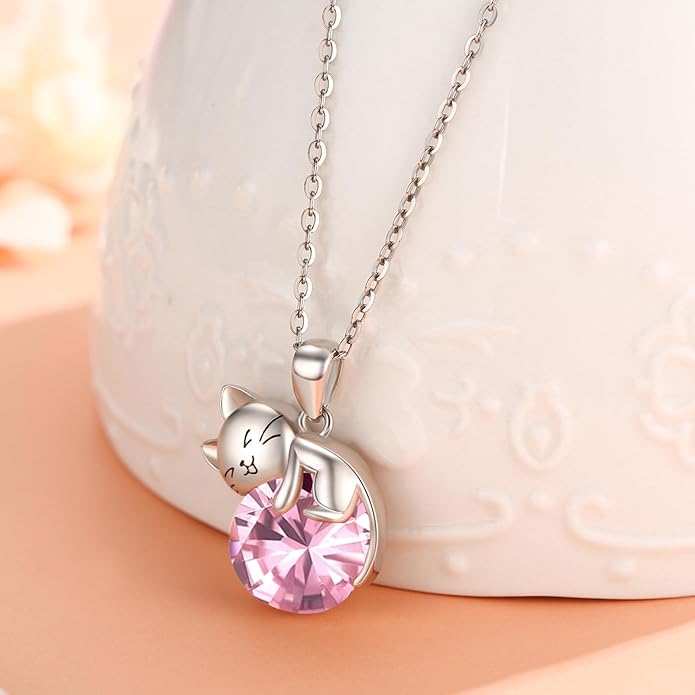 LONAGO Cat Necklace with Birthstone 925 Sterling Silver Cat Pendant Necklace Gift for Women