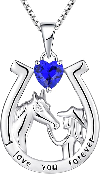 YL Women's Horse Necklace 925 Sterling Silver Horseshoe Pendant Birthstone Animals Jewelry