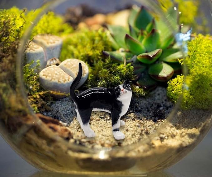 WitnyStore Tiny 2" Long Black White Tuxedo Cat Standing Look Up Figurine - Miniature Hand Made Painted Ceramic Cats Kitten Feline Animals Cute Porcelain Decorative Collectible Figurines Décor Gifts