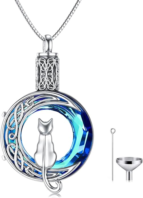 TOUPOP Cat Cremation Jewelry for Ashes Sterling Silver Cat Moon Urn Necklace that Hold Human Pet Ashes Memorial Keepsake Jewelry