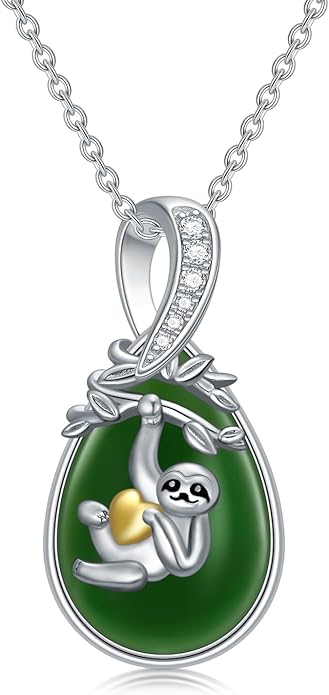 Green Jade Necklace Sterling Silver Teardrop Hummingbird/Dragonfly/Butterfly/Bee/Cat/Cardinal/Owl/Fox/Sloth Natural Jade Jewelry Birthday Mothers Day Christmas Gifts Women Mom Her