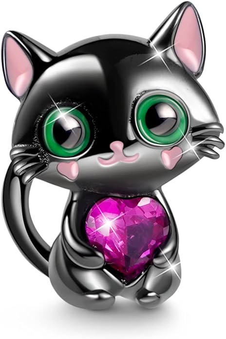 GNOCE Black Cat Embraces Heart Gemstone Charm Bead Sterling Silver Fit Bracelet/Necklace Jewelry Gift For Women Wife