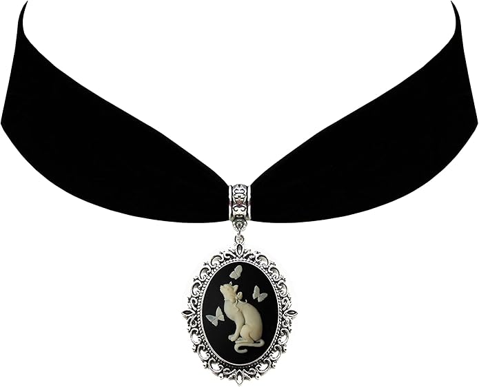 Victorian Vault Cat with Butterflies Cameo Gothic Steampunk Victorian Pendant on Choker