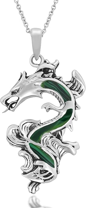 AeraVida Legendary Chinese Dragon Charm Stone Inlaid Accent .925 Sterling Silver Pendant on 18-inch Chain Necklace | Dragon Jewelry Necklace Accessory for Men Women Unisex