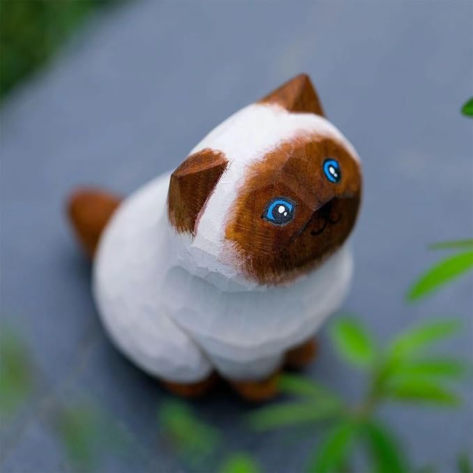 Hand Carved Siamese Cat Figurine - Wooden Craft, Cute Statue Home Decor, Unique Figure Collectibles Gift for Cat Lovers