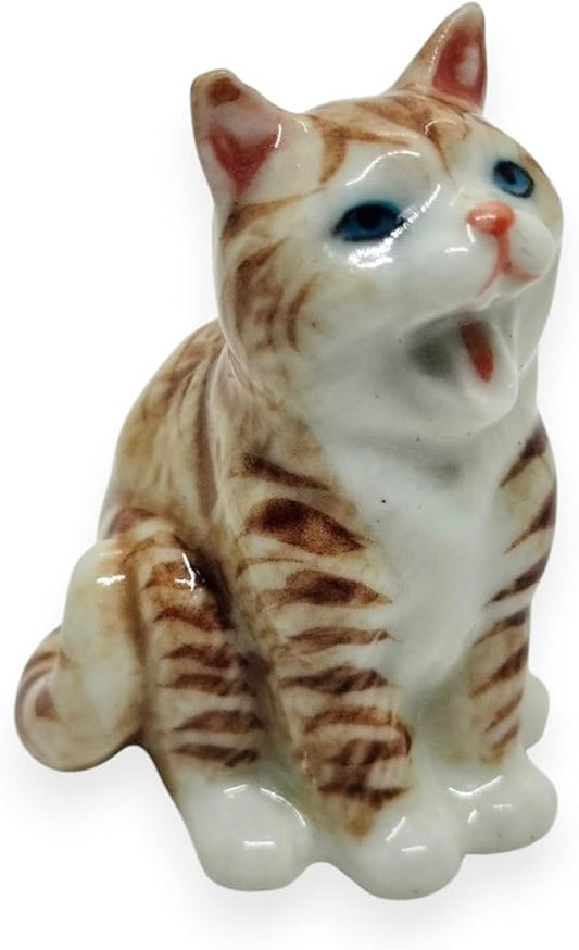 WitnyStore Tiny 1⅜" Long Brown White Tabby Shorthair Cat Sitting Yawn Figurine - Miniature Hand Made Painted Ceramic Cats Kitten Feline Animal Cute Porcelain Decorative Collectible Figures Décor Gifts