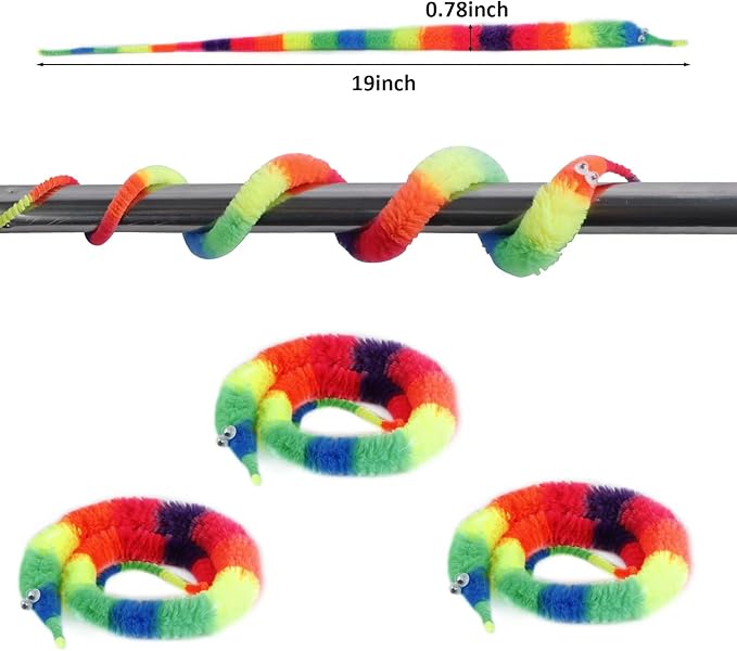 3 PCS Rainbow Fuzzy Worm Toys String Pets,Large Fuzzy Worms On String Bulk Trick Toy Party Favors for Kid Cat (19 Inch)