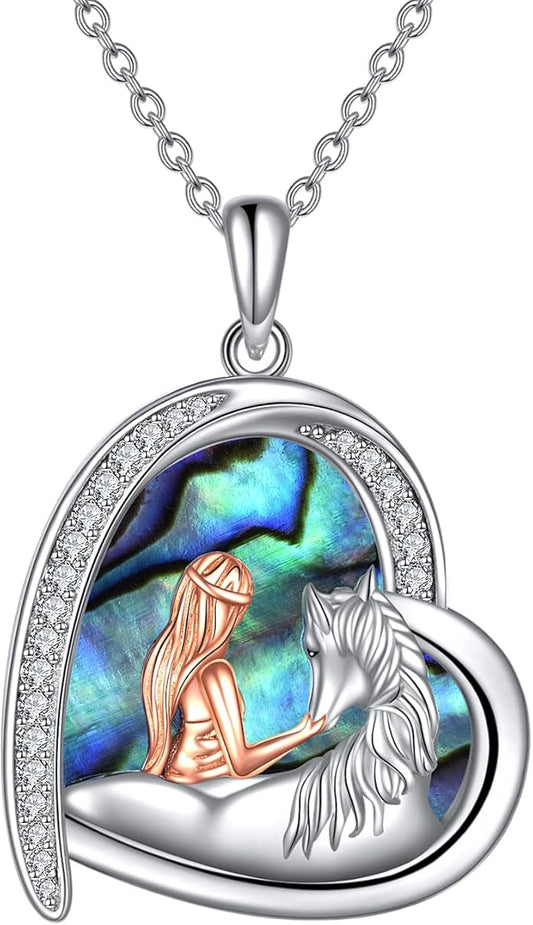 Horse Necklace Gifts for Women Sterling Silver Abalone Love Heart with Horse Pendant Necklace Jewelry Gifts