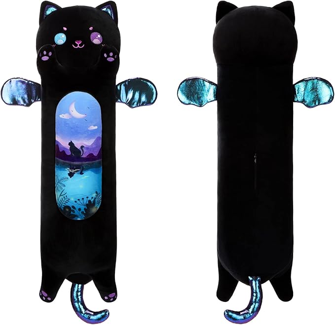 AIXINI Long Cat Plush Pillow Cartoon Cute Black Cat Stuffed Animals, Soft Kawaii Kitten Plushies Pillow Toy for Kids (Moonlight Black,43.3inch)