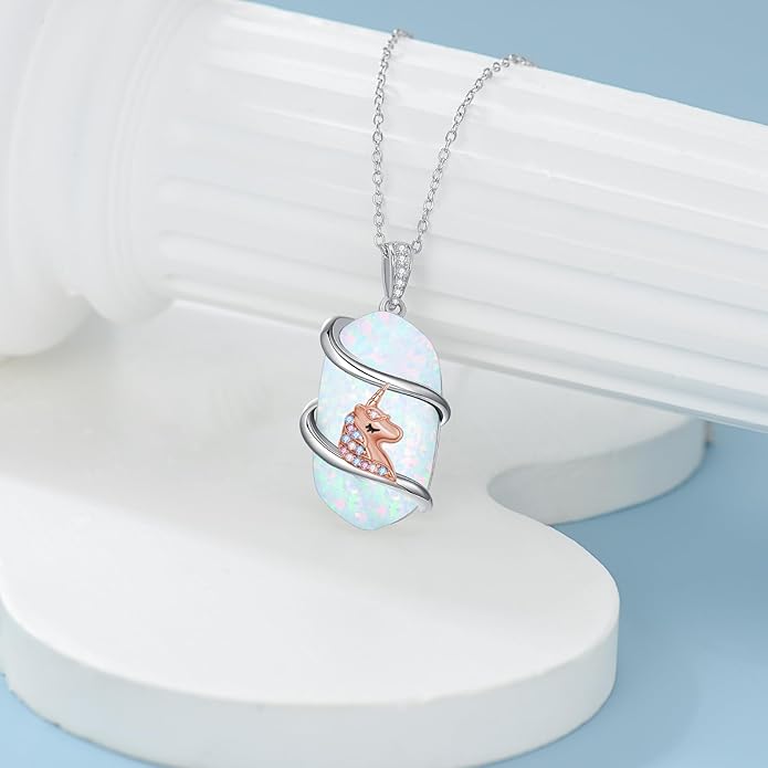 Opal Mama Bear/Panda/Cat/Koala/Sloth/Cardinal/Unicorn Necklace 925 Sterling Silver Opal Animal Pendant Jewelry Birthday Gifts Women Her Mom