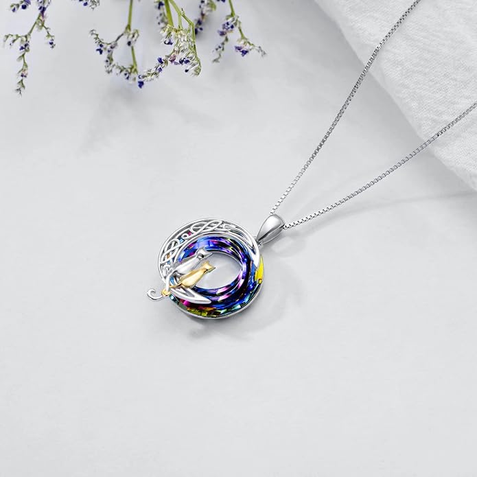 TOUPOP Cat Gifts for Cat Lovers 1 2 3 Cats Necklace Sterling Silver Cat on the Moon Pendant Necklace with Blue Circle Crystal Birthday Christmas Celtic Jewelry Gifts for Women