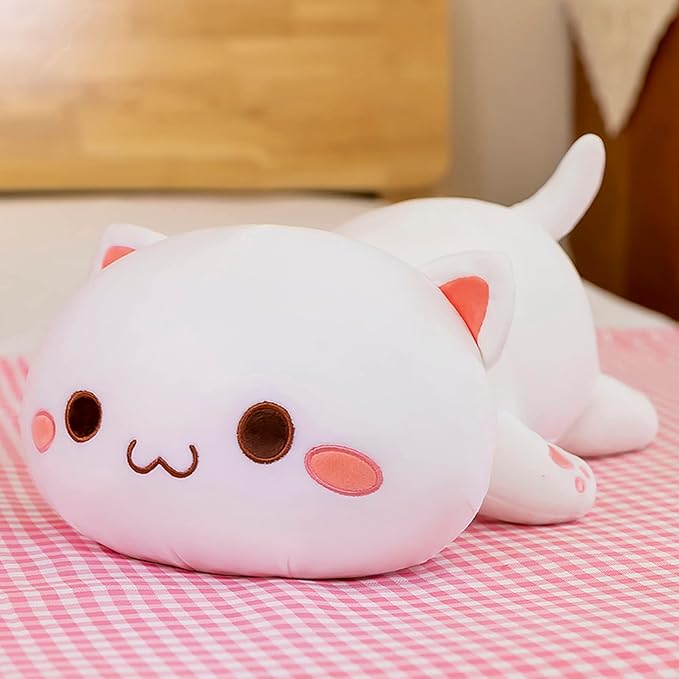 FUYU Cat Stuffed Animals, Soft Cat Plush Pillow Kawaii Kitten Stuffed Animal Toy Gifts for Kids Boys Girls Room Decor (White Round Eyes,35in/87)