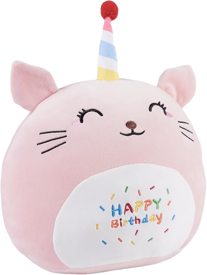 12 Inch Plush Birthday Cat Kitty Stuffed Animal Happy Birthday Cat Hugging Pillow Birthday Cat Plushies Throw Pillow Birthday Pink Cat Kitten Anime Gift for Kids and Lovers
