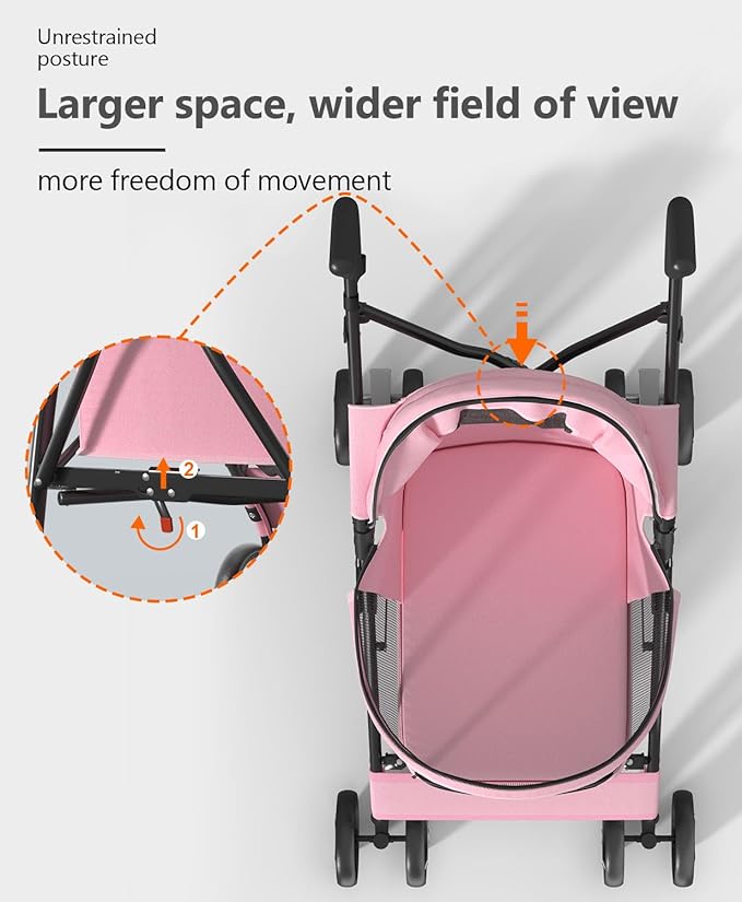 Pet Stroller with 4 Wheels for Small/Medium Pets, Portable Travel Foldable Carrier Jogger for Dog Cat Puppy Kitty, Rear Wheel Breaks, Storage Basket, Visible Mesh with Weather Cover (Pink)