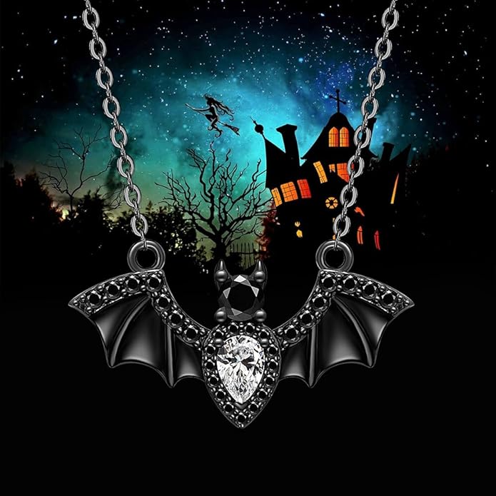 Halloween Bat Necklace for Women Sterling Silver Black Bat Pendant Necklace Gothic Flying Animal