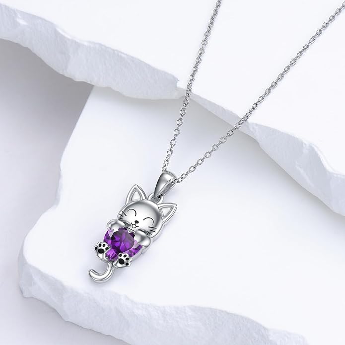 LONAGO Cat Necklace with Heart Birthstone Cat Pendant Necklace Sterling Silver Gifts for Women