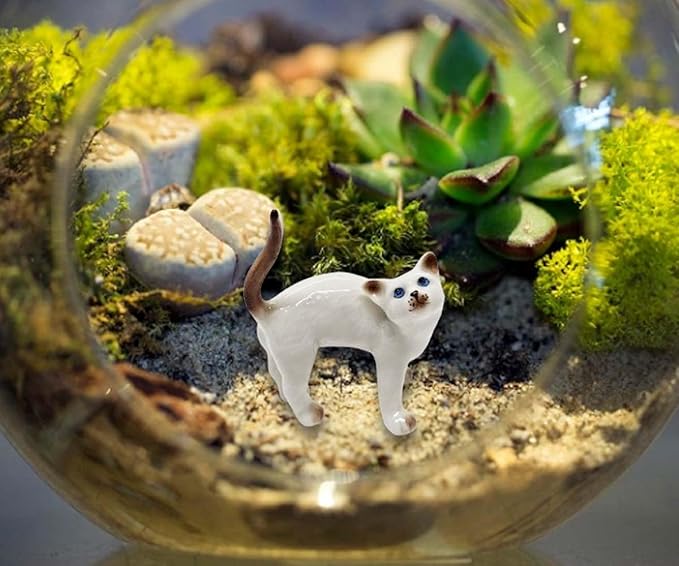 WitnyStore Tiny 2" White Brown Pointed Shorthair Siamese Cat Standing Look Up Figurine - Miniature Hand Made Painted Ceramic Cats Kitten Animal Cute Porcelain Decorative Collectible Figure Décor Gifts