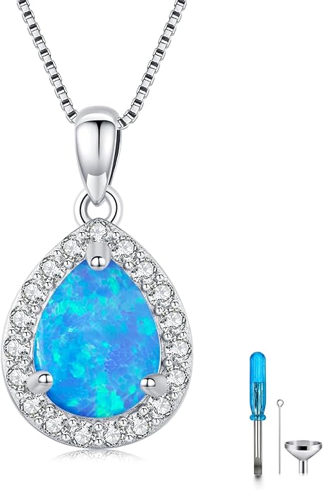 Urn necklace for Ashes 925 Sterling Silver Opal/Turquoise/Moonstone/Moss agate Pendant Cremation Memory Jewelry Keepsake Gifts for Women